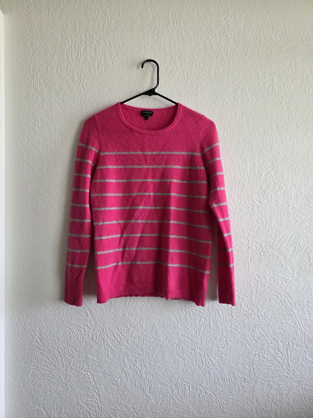 J. Crew Hot Pink Crewneck Sweater with Light Gray Stripes Cashmere